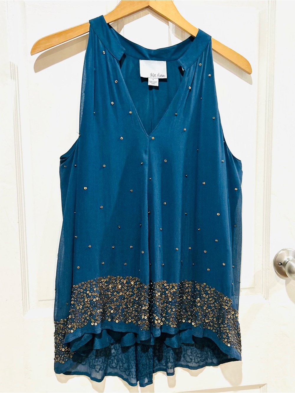 Anthropologie Chloe Oliver Navy & Gold Beaded Sequin Halter Top Boho Size S